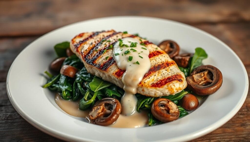 Healthy Chicken Spinach Mushroom Dinner A beautifully plated dish set against a rustic wooden background. Succulent chicken breast seared to perfection, nestled atop a vibrant bed of sautéed spinach and earthy mushrooms. Warm lighting casts a cozy glow, highlighting the rich, creamy sauce drizzled over the ensemble. Garnished with a sprinkling of fresh herbs, the composition draws the eye, inviting the viewer to savor each mouthwatering component. A simple yet sophisticated meal, radiating an air of effortless elegance, ready to become a go-to dinner option. Healthy Chicken Spinach Mushroom Dinner A beautifully plated dish set against a rustic wooden background. Succulent chicken breast seared to perfection, nestled atop a vibrant bed of sautéed spinach and earthy mushrooms. Warm lighting casts a cozy glow, highlighting the rich, creamy sauce drizzled over the ensemble. Garnished with a sprinkling of fresh herbs, the composition draws the eye, inviting the viewer to savor each mouthwatering component. A simple yet sophisticated meal, radiating an air of effortless elegance, ready to become a go-to dinner option.