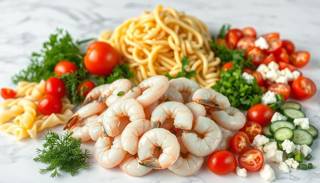 High-quality, detailed close-up photograph of an assortment of fresh ingredients for a shrimp and pasta salad, arranged in a neat and appetizing manner on a clean white marble or granite surface. In the foreground, a pile of cooked shrimp, shelled and deveined, with a light dusting of paprika or cayenne for color. Behind it, a mound of cooked and chilled pasta spirals, perhaps radiatore or fusilli. Surrounded by small piles of chopped fresh herbs like dill, parsley, and chives, as well as halved cherry tomatoes, sliced cucumber, and crumbled feta cheese. Overhead lighting casts a soft, natural glow across the scene, highlighting the vibrant colors and textures of the ingredients. The overall mood is fresh, clean, and inviting, showcasing the key components for an appealing shrimp and pasta salad. High-quality, detailed close-up photograph of an assortment of fresh ingredients for a shrimp and pasta salad, arranged in a neat and appetizing manner on a clean white marble or granite surface. In the foreground, a pile of cooked shrimp, shelled and deveined, with a light dusting of paprika or cayenne for color. Behind it, a mound of cooked and chilled pasta spirals, perhaps radiatore or fusilli. Surrounded by small piles of chopped fresh herbs like dill, parsley, and chives, as well as halved cherry tomatoes, sliced cucumber, and crumbled feta cheese. Overhead lighting casts a soft, natural glow across the scene, highlighting the vibrant colors and textures of the ingredients. The overall mood is fresh, clean, and inviting, showcasing the key components for an appealing shrimp and pasta salad.