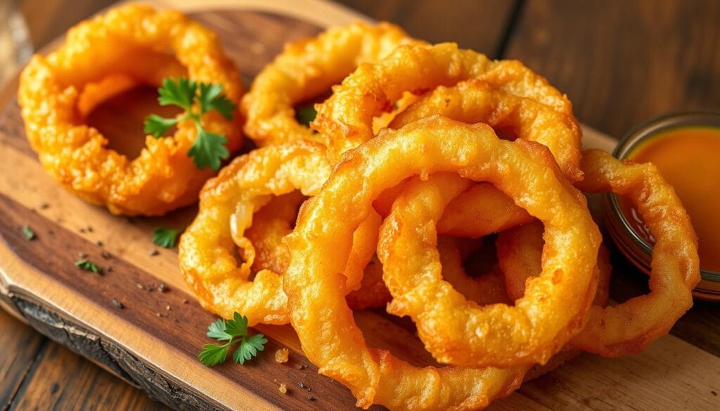 Homemade crispy golden-brown onion rings, freshly fried to perfection. The thick-cut onion slices are coated in a light, crunchy batter that shatters with each bite, revealing the soft, sweet onion flesh within. Droplets of oil glisten on the surface, creating a mouthwatering sheen. The rings are arranged artfully on a rustic wooden board, complemented by a sprinkling of fresh parsley and a side of tangy dipping sauce. Warm, soft lighting from above casts a comforting glow, enhancing the appetizing scene. The overall composition evokes a homemade, comfort-food aesthetic, perfectly capturing the "Perfect Homemade Crispy Onion Rings Experience". Homemade crispy golden-brown onion rings, freshly fried to perfection. The thick-cut onion slices are coated in a light, crunchy batter that shatters with each bite, revealing the soft, sweet onion flesh within. Droplets of oil glisten on the surface, creating a mouthwatering sheen. The rings are arranged artfully on a rustic wooden board, complemented by a sprinkling of fresh parsley and a side of tangy dipping sauce. Warm, soft lighting from above casts a comforting glow, enhancing the appetizing scene. The overall composition evokes a homemade, comfort-food aesthetic, perfectly capturing the "Perfect Homemade Crispy Onion Rings Experience".