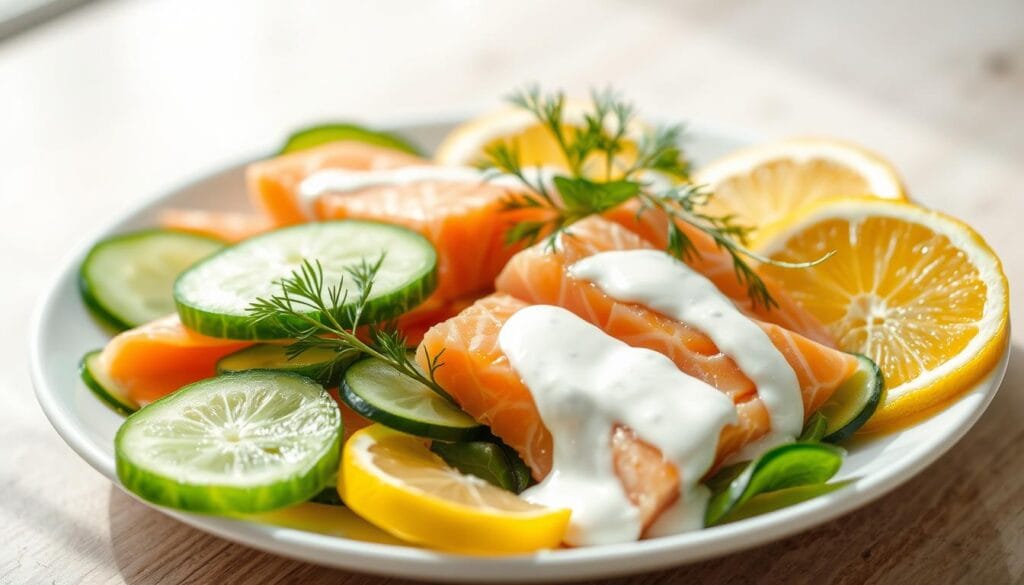 Salmon Cucumber Salad Ingredients: Crisp slices of cucumber, fresh salmon fillets, delicate sprigs of dill, tangy lemon wedges, and a drizzle of creamy yogurt dressing, arranged on a pristine white plate under natural daylight with a soft, diffused focus, evoking a refreshing, healthy, and vibrant scene. Salmon Cucumber Salad Ingredients: Crisp slices of cucumber, fresh salmon fillets, delicate sprigs of dill, tangy lemon wedges, and a drizzle of creamy yogurt dressing, arranged on a pristine white plate under natural daylight with a soft, diffused focus, evoking a refreshing, healthy, and vibrant scene.