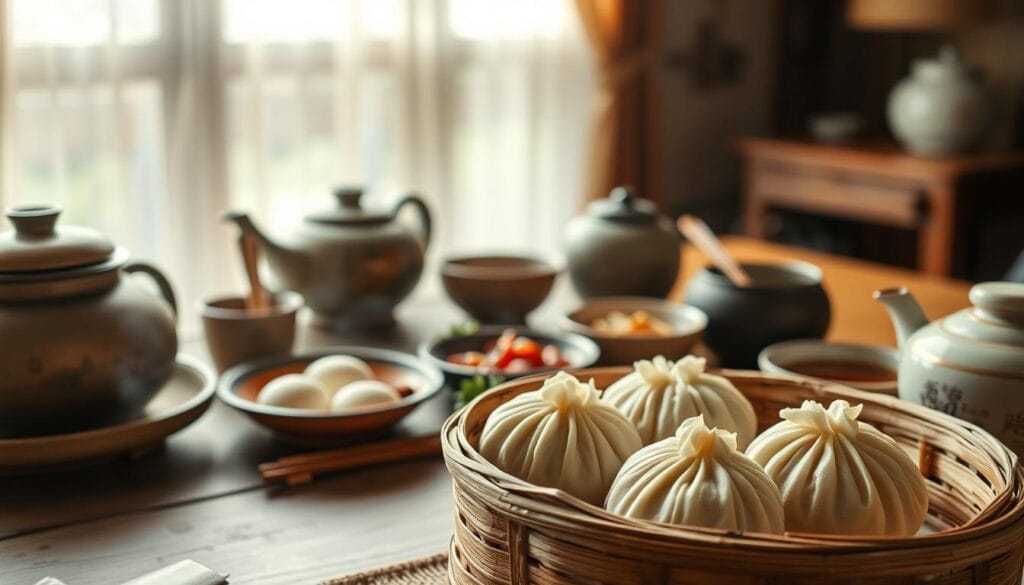 High-quality close-up shot of an assortment of traditional Chinese breakfast ingredients arranged on a wooden table, illuminated by soft natural lighting from a large window. In the foreground, a variety of fresh steamed buns, savory fried dough sticks, and soy-marinated soft-boiled eggs. In the middle ground, bunches of scallions, slices of pickled radish, and small ceramic dishes filled with soy sauce, chili oil, and vinegar. In the background, a traditional bamboo steamer, a clay teapot, and a bamboo mat, all set against a plain white wall, creating a serene and authentic atmosphere. chinese breakfasts